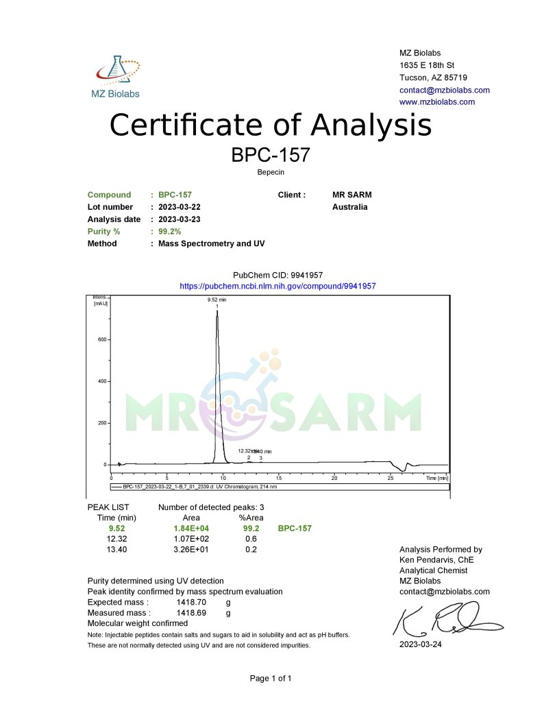 MR SARM HPLC Test Results 60 mr sarm australia COA BPC 157 2023 03 24 page 001