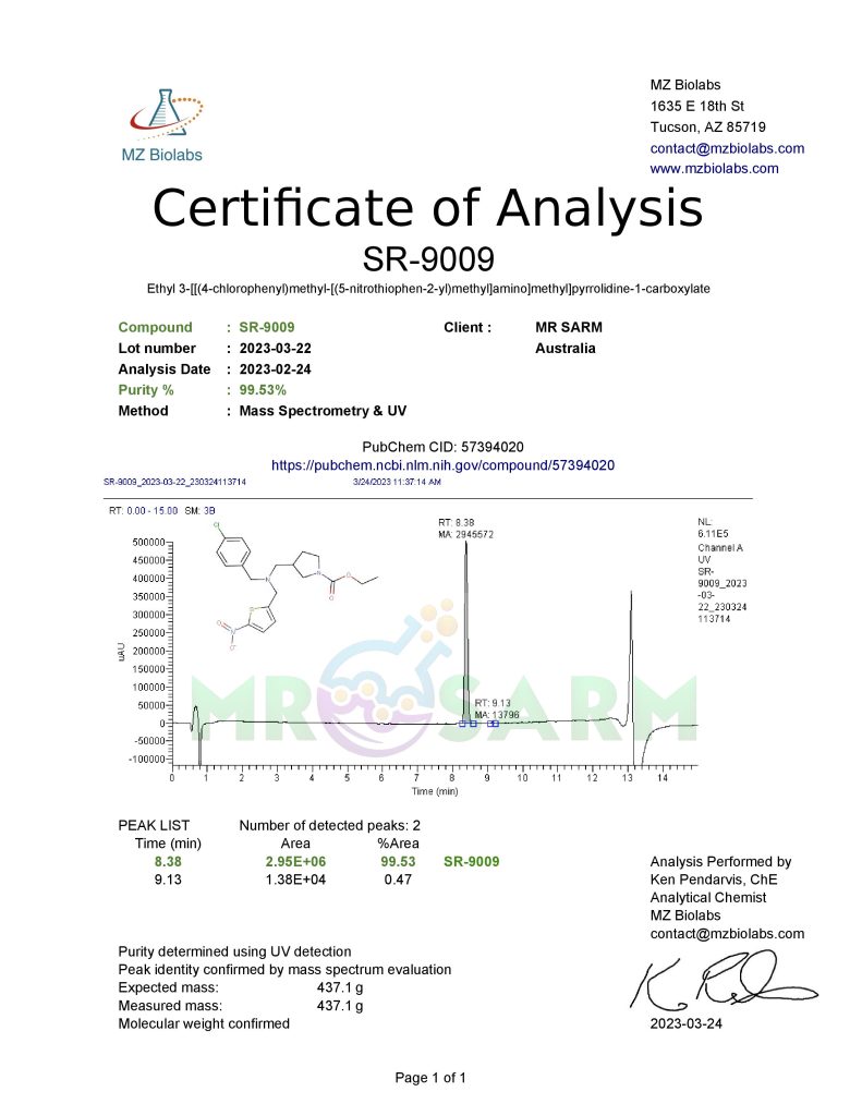 MR SARM HPLC Test Results 54 mr sarm australia COA SR 9009 2023 03 24 page 001