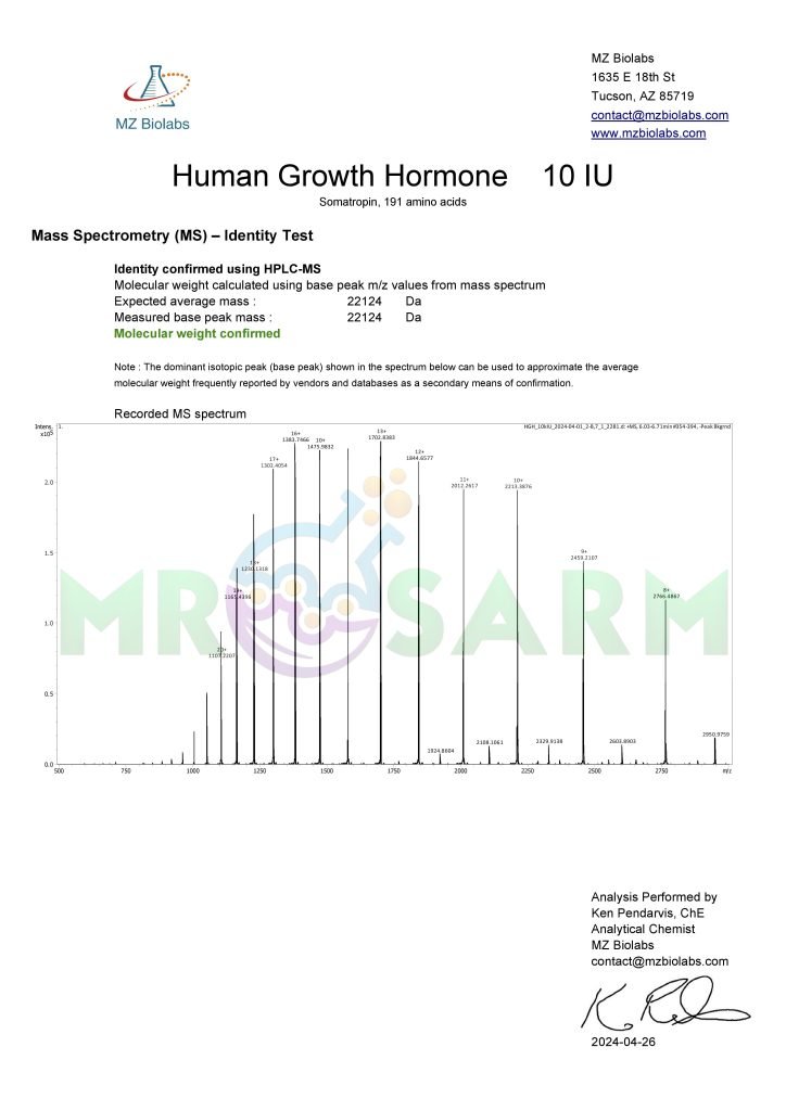 MR SARM HPLC Test Results 40 mr sarm australia COA HGH 10IU 2024 04 26 page 002