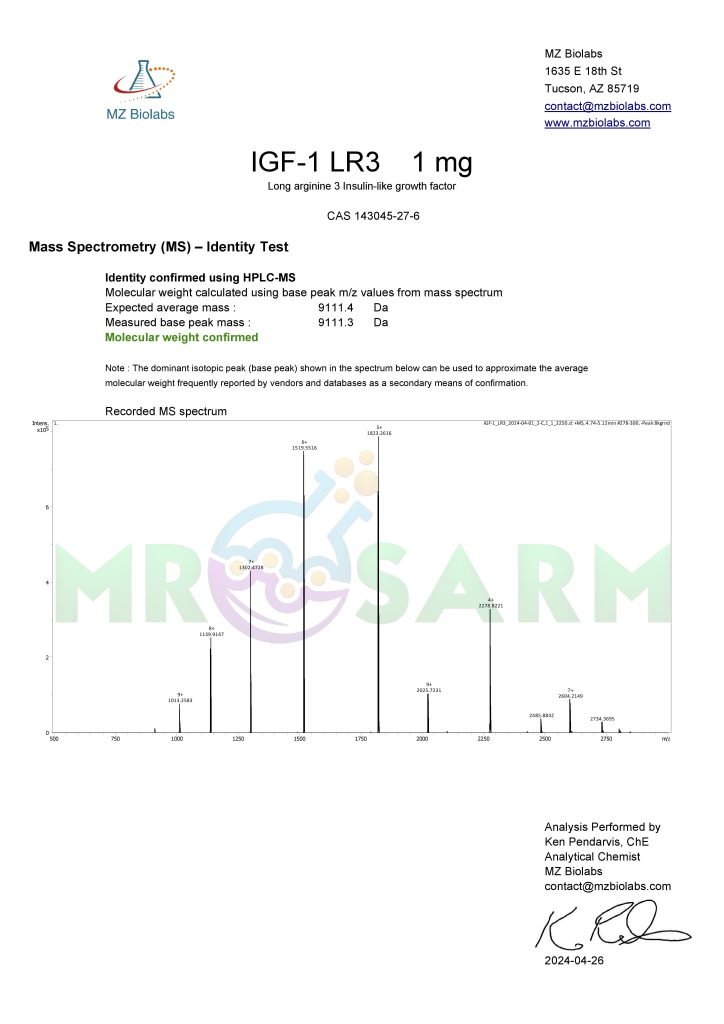 MR SARM HPLC Test Results 38 mr sarm australia COA IGF 1 LR3 1mg 2024 04 26 page 002