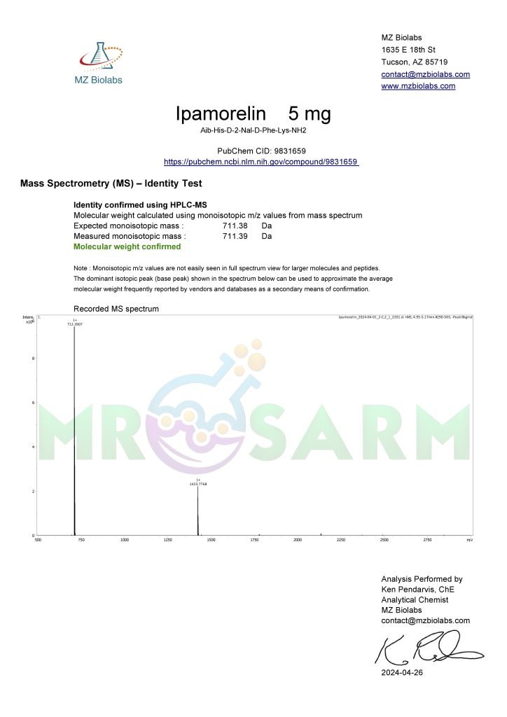 MR SARM HPLC Test Results 36 mr sarm australia COA Ipamorelin 5mg 2024 04 26 page 002