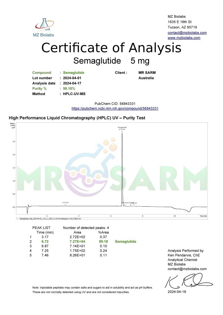 MR SARM HPLC Test Results 35 mr sarm australia COA Semaglutide 5mg 2024 04 18 page 001