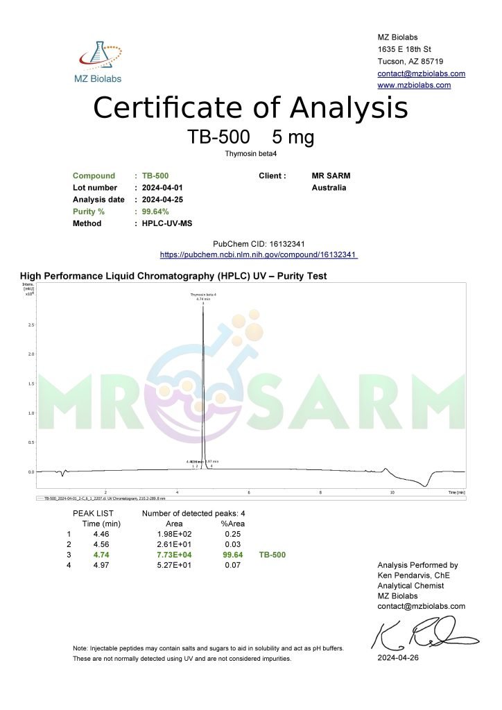 MR SARM HPLC Test Results 33 mr sarm australia COA TB 500 5mg 2024 04 26 page 001