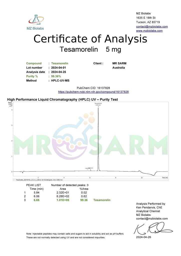 MR SARM HPLC Test Results 31 mr sarm australia COA Tesamorelin 5mg 2024 04 26 page 001