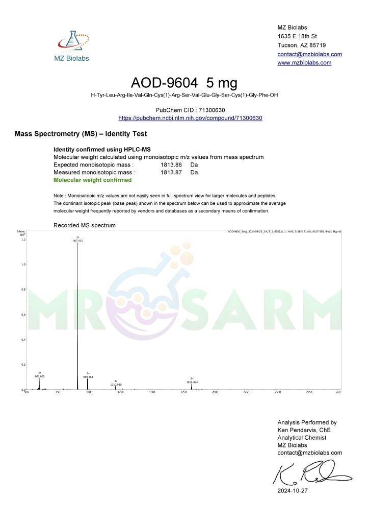 MR SARM HPLC Test Results 28 mr sarm australia COA AOD 9604 5mg 2024 10 27 page 002