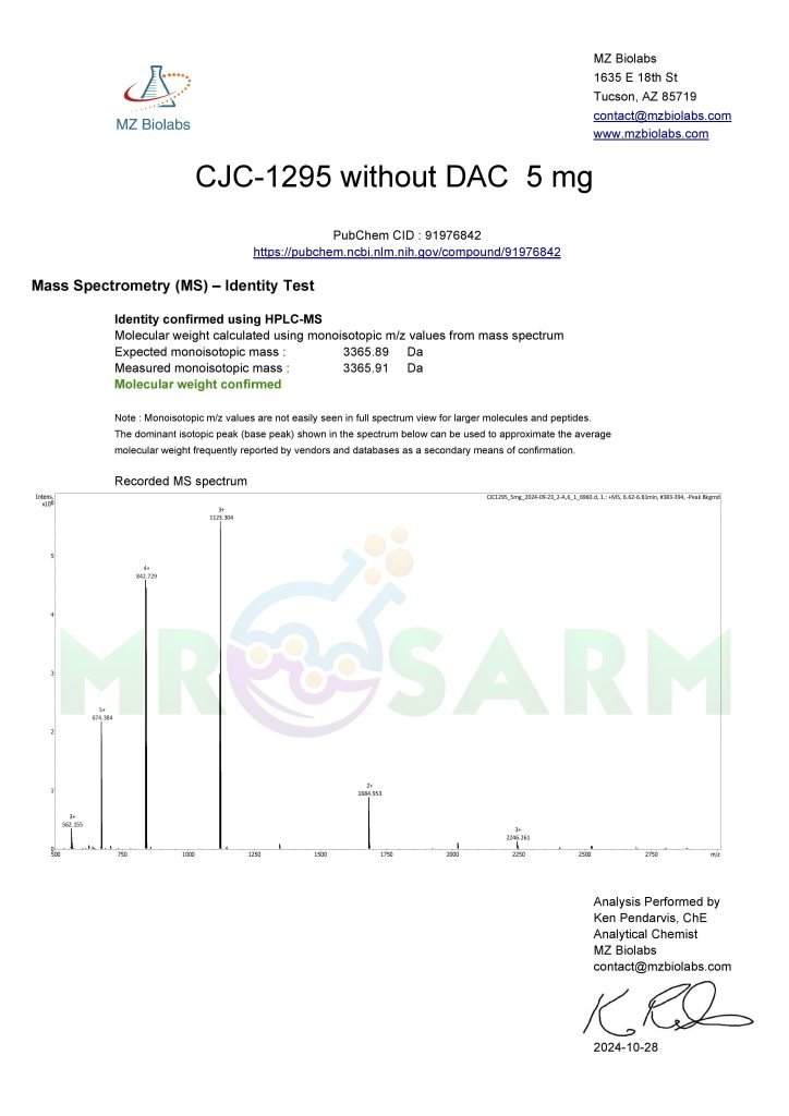 MR SARM HPLC Test Results 26 mr sarm australia COA CJC 1295 noDAC 5mg 2024 10 28 page 002