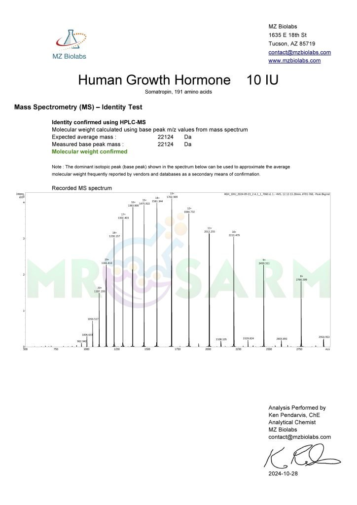 MR SARM HPLC Test Results 24 mr sarm australia COA HGH 10IU 2024 10 28 page 002