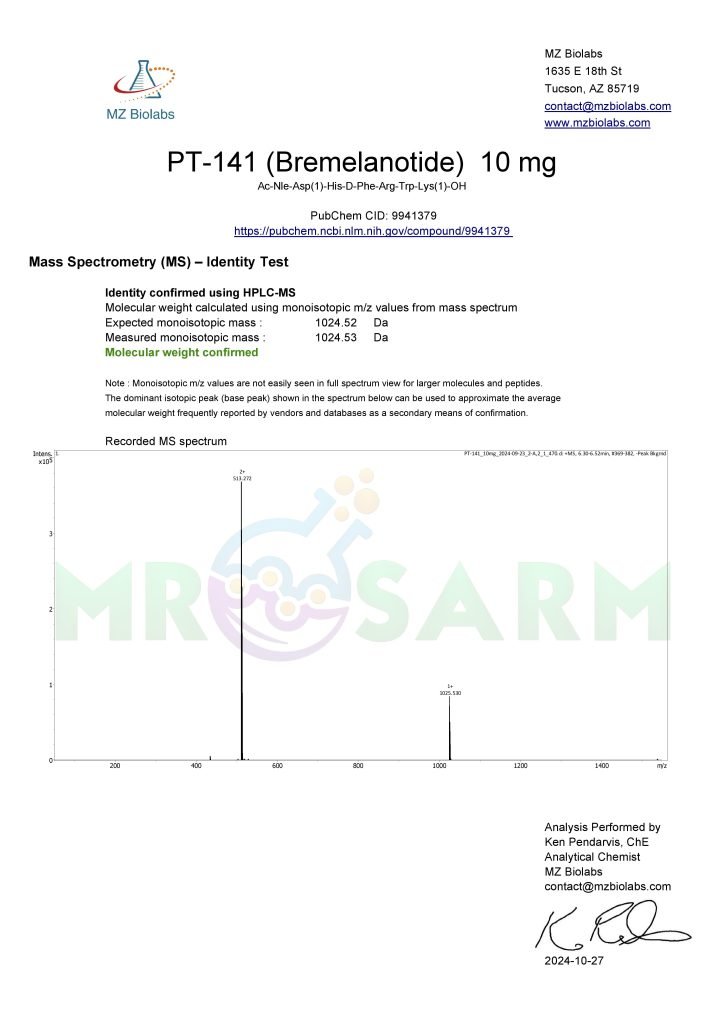 MR SARM HPLC Test Results 22 mr sarm australia COA PT 141 10mg 2024 10 27 page 002